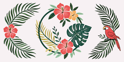 Tropical Wreath Vector Collection  Beautiful Decorative Floral & Leaf Wreath Set, Exotic Botanical Circle Frames, Isolated on White Background”