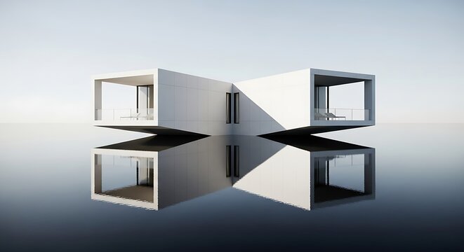 Modern white cube house architecture design with reflection on the water