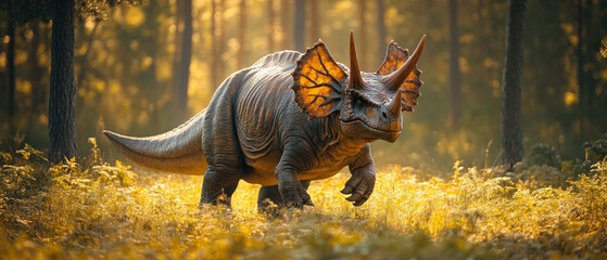 Prehistoric giants roam among the tall trees in the forest, bringing the past to life, which would be suitable as a backdrop for educational materials on palaeontology.