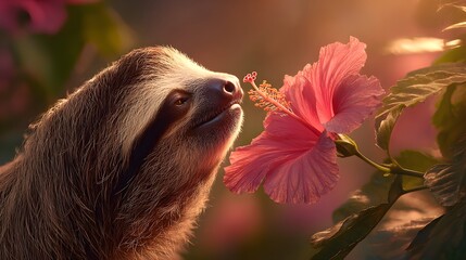Fototapeta premium Tranquil Sloth Embracing the Warm Golden Sunlight and Exquisite Pink Hibiscus Fragrance in a Softly Illuminated Tropical Garden