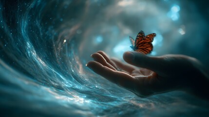 Ethereal Visual Narrative of Spiritual Awakening: A Radiant Butterfly Gracefully Rests on an Open Hand Amid a Swirling Azure Energy Field Inviting Creative Expression