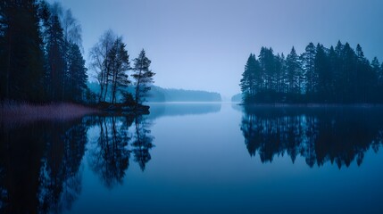 Mystical Blue Twilight on a Calm Finnish Lake Embracing Dreamy Light and Subtle Natural Beauty for a Bold Album and Book Cover Art