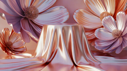 A luxurious 3D composition with large flowers in delicate rose gold shades. The draped fabric creates an elegant podium in the center of the frame &ndash; ideal for product presentation.