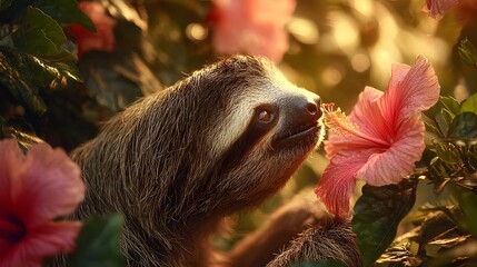 Obraz premium Tranquil Sloth Embracing the Warm Golden Sunlight and Exquisite Pink Hibiscus Fragrance in a Softly Illuminated Tropical Garden