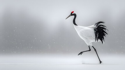 Obraz premium Exquisite Red-Crowned Crane in Elegant Dance on Pristine Snowfield Amid a Timeless Winter Display