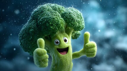 Expressive Digital Cartoon Showcasing a Lively Green Broccoli with Sparkling Accents and a Cheerful Pair of Thumbs Up Exuding Fun and Optimism
