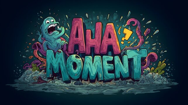 Detailed Cartoon Illustration of a Bold "Aha Moment" Inscription Highlighting a Sudden Epiphany with Playful and Vibrant Elements