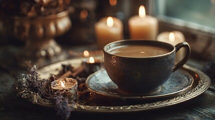 An evocative portrayal of a tranquil autumn afternoon where a smooth cup of spiced coffee and gentle candlelight on an antique tray combine to create a nostalgic and serene atmosphere.