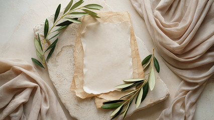Natural olive branches frame a textured sheet of paper against a background of linen fabric - the aesthetics of minimalism and natural harmony in the frame.