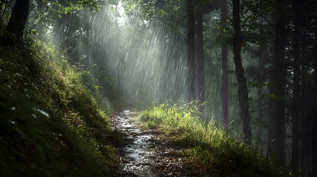An Idyllic Forest Trail Bathed in Radiant Falling Rain and Gentle Beams of Light Evoking Natural Renewal