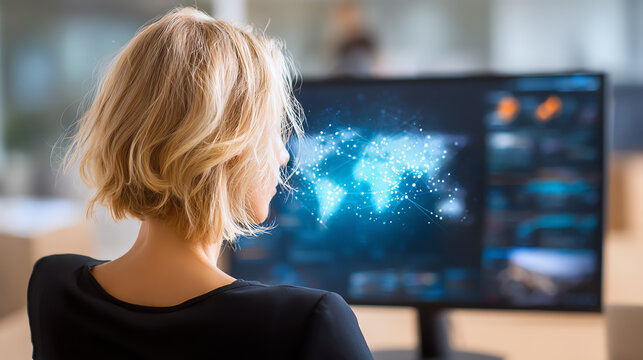 A focused woman views a digital world map on a computer screen, reflecting innovative technology in a modern workspace.