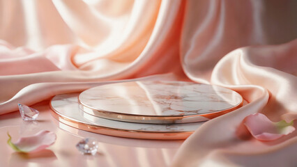 An elegant marble podium of two round tiers against a background of flowing beige fabric. Ideal for the presentation of premium products - combines luxury and minimalism.