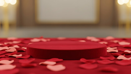 Red velvet podium surrounded by rose petals for a romantic event