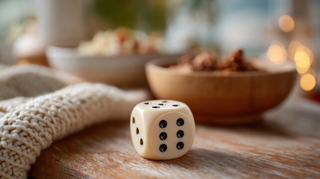 Cozy Game Night dice on rustic wooden table, warm bokeh and knitted blanket creating hygge mood — soft natural light still life for lifestyle stock about family leisure and board game
