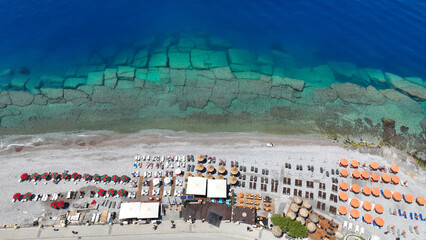 Aerial drone photo of famous main sandy beaches of Rhodes island west coast called Akti Miaouli and Akti Kanari famous for luxury hotels and nice seaside restaurants, Dodecanese, Greece