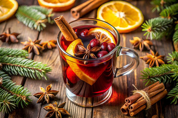 Warmly lit glass mug filled with richly colored mulled wine, surrounded by aromatic spices, orange slices, and evergreen branches.