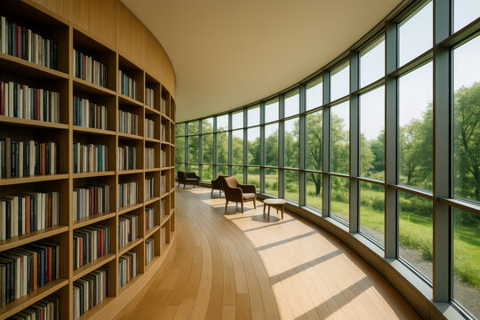 Modern library interior with large windows and wooden shelves
