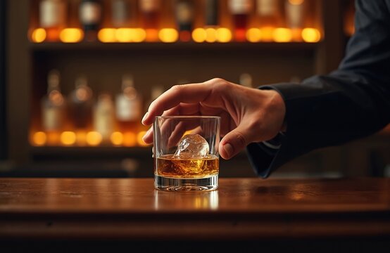 Man holds whiskey glass with ice on bar counter. Hand touches glass with brown liquid and ice cube. Background is blurred with bottles on shelf.