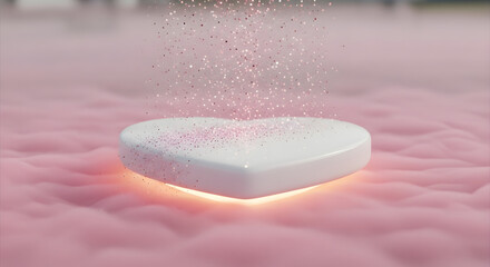 Heart shaped bath bomb dissolving in pink water with glowing light