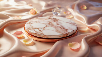 An elegant marble podium of two round tiers against a background of flowing beige fabric. Ideal for the presentation of premium products - combines luxury and minimalism.
