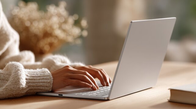 remote work — person typing on sleek laptop, calm focus, natural light minimal style, warm home office scene for productivity, freelance business tasks, online learning, blogging, and digital