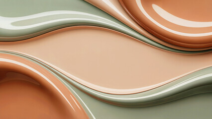An abstract composition of smooth pastel shapes in beige and green shades. The glossy texture creates a creamy or ceramic surface feel, making it a stylish backdrop for design.