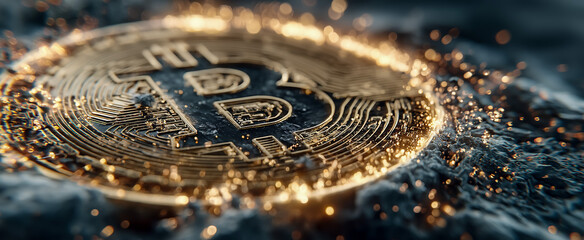 Close-up of a shiny bitcoin with glowing sparks around it