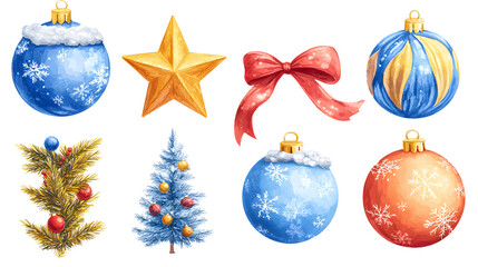 illustration hand drawn, watercolor blue and gold christmas elements or ornaments star ribbon festive holiday decoration, white isolated background and png cutout 