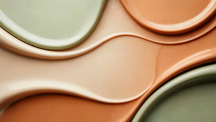 An abstract composition of smooth pastel shapes in beige and green shades. The glossy texture creates a creamy or ceramic surface feel, making it a stylish backdrop for design.