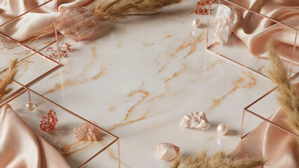 An elegant composition on a background of pink marble with gold veins: crystals, pearls, dried flowers and satin fabric in delicate shades.