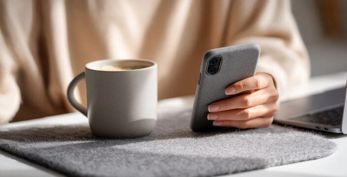 doom scrolling problem, coffee smartphone home office – relaxed person using phone beside warm coffee mug, 