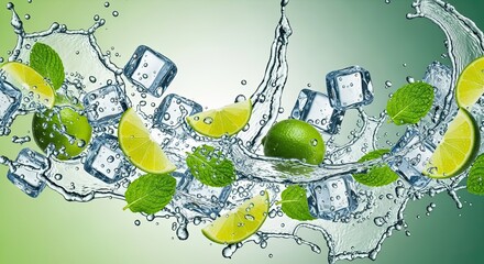Refreshing Lime Mint And Ice Cubes Splashing In Water