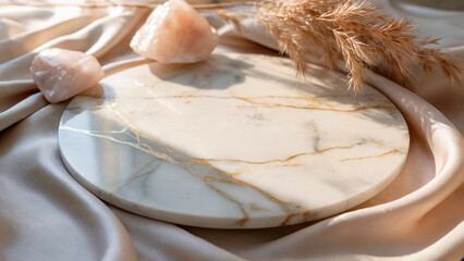 A round marble stand with gold veins rests on a silky fabric.