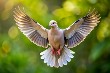 Obraz premium White Dove in Flight with Green Bokeh Background, dove, bird, nature, peace