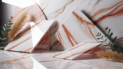 Glossy marble slabs with rose gold veins in a stylish composition. Complemented by dried flowers and eucalyptus twigs - an elegant background for interior photography.