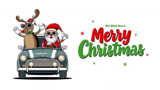Merry Christmas Animation with Santa and Reindeer in Classic Vehicle Vector Art