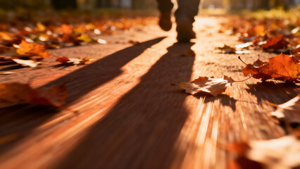 Experience a serene autumn walk on a leaf-covered path, perfect for seasonal greeting cards or nature-themed backgrounds.