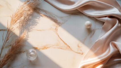 An elegant composition on a marble surface dried flowers, satin fabric of a delicate shade and a glass ball with a pearl. Soft light creates a subtle play of shadows.