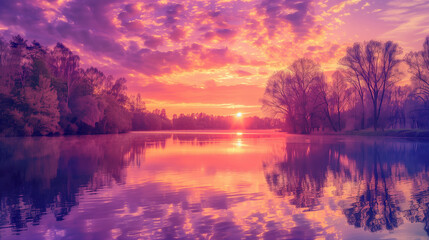 Fototapeta premium A sunrise or sunset over the river, with the sky painted in shades of purple, orange, and pink, creating a serene and magical atmosphere