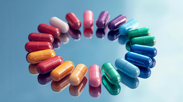 colorful rainbow medicine vitamins pills in a circle on blue sky background ai