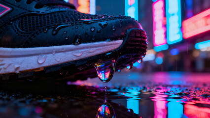 Vibrant running shoe splashing in a rain puddle, reflecting neon city lights. Ideal for sports ads or urban lifestyle themes.
