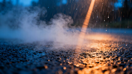 Dynamic scene of raindrops on asphalt at night with steam rising, ideal for atmospheric backgrounds or ads.