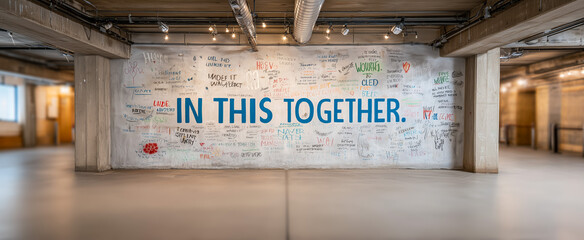 Graffiti wall with the slogan in this together emphasized