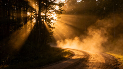 A serene dirt road winding through a forest at sunrise, illuminated by golden sunlight filtering through the trees. Perfect for nature-themed backgrounds.