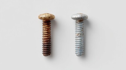 Rust and Corrosion Comparison Two Metal Screws Side by Side, Subtle Contrast, Studio Macro Style, Industrial Concept for Maintenance, Repair, Material Aging, Durability, Before After