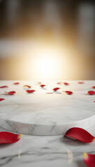 Soft focus background with red rose petals scattered on a white surface