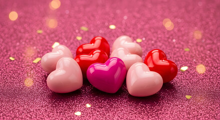 Group of heart shaped candies on a sparkly pink background