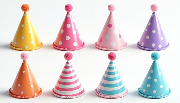 Colorful party hats collection for birthday celebration. Set of cone caps with polka dot, stripe patterns. Isolated 3D rendered headwear accessories on white background for fun anniversary event, - Powered by Adobe
