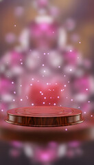 Empty podium with pink bokeh lights and glitter particles