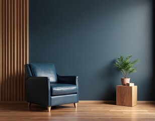 Modern living room interior with blue leather armchair. Dark blue wall and wooden floor. Minimalist decor with potted plant on wooden table. Empty space for copy.